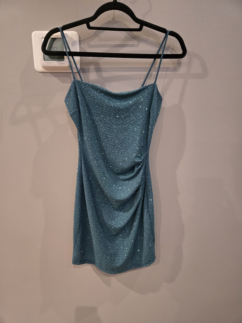 Windsor Teal Blue Glitter Ruched Bodycon Mini Dress Sparkle Cowl Neck Sz M